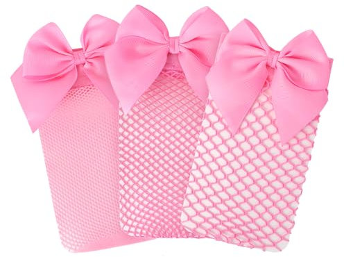 LittleForBig Women's Bow Fishnet Mesh Net Ankle Socks - 3 Pairs Pink