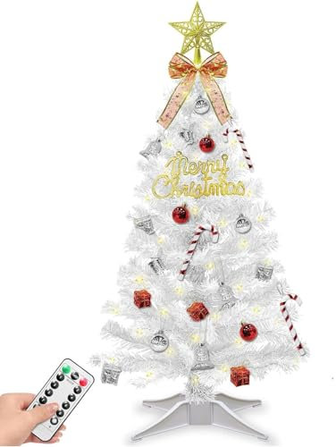 3Ft White Christmas Tree Remote Control 50 Warm White & Colorful Change Lights 8 Modes with Timer Battery Operated, Small Mini Christmas Tree with 45 Ornaments for Table Indoor Home Office Holiday