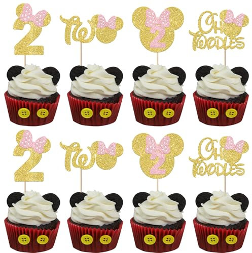 Xsstarmi Cupcake-Topper zum 2. Geburtstag, Motiv: Maus inspiriert, rosa Schleife, Mini-Oh Two Oldes, Cupcake-Picks, Dekorationen für Babyparty, Kindergeburtstag, Party, Kuchendekorationen, Gold, 24