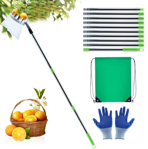 Feelhap Recogedor Frutas Telescopico, 3.9M Recogedor de Frutas con Varillas de Extensión, Recoge Frutas de árboles con Bolsa de Algodón, Frutas Herramientas Recolectoras para Manzanas, Naranjas, Peras
