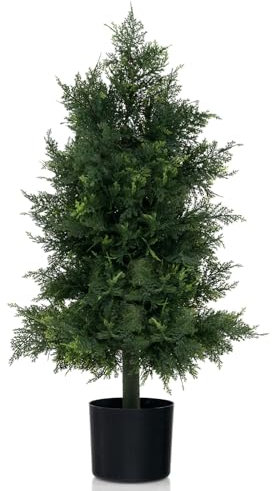 COSTWAY 80CM/90CM Artificial Topiary Cedar Tree, Indoor Outdoor Fake Trees with Cement Plastic Pot, UV Rated Faux Potted Plants for Front Porch Patio Decor(1,80CM Pine Tree)