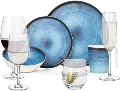 Melamin Camping Geschirr Set 4 Personen Deep Ocean + 16 Tiamo Gläser Wassergläser Weingläser Champagner-Gläser Flûtes Tafelgeschirr Picknick BBQ Kochgeschirr