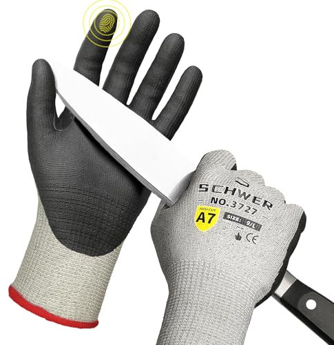 Schwer Guantes de Trabajo Anticorte Nivel A7/F con Pulgar Reforzado - Para Trabajos de Alto Riesgo, Madera y Construcción - Antideslizantes, Duraderos y Seguros,L