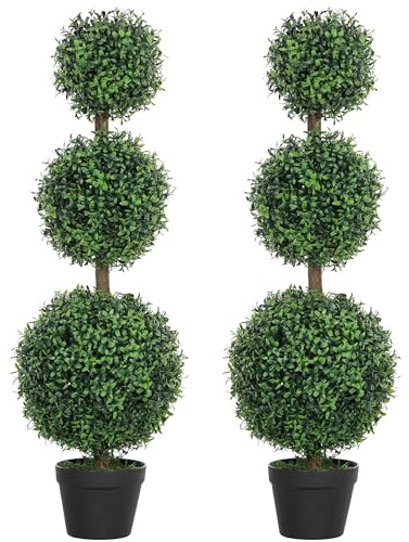 HOMCOM Artificial Triple Ball Boxwood Topiary Trees Outdoor 40 Set of 2
