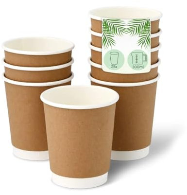 DeinPack 25 Stück Kaffeebecher braun 300ml / 12 oz Ø 90 mm - Doppelwandige Isolierte Pappbecher - plastikfrei - nachhaltige Materialien - Einwegbecher-ToGo Becher