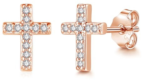 Zolkamery Silver Stud Earrings, Small 925 Sterling Silver Cross Studs, Zirconia Silver Stud Earrings for Women, Mini Rose Gold Plated Hypoallergenic Studs Earrings, Neutral Sleeper Earrings for Men
