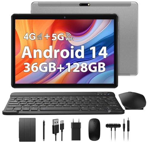 TIGERFU 10 Pollici Tablet Android 14, 36GB RAM+128GB ROM(1TB TF), Octa-Core 2.0 GHz, 4G LTE & 5G WiFi, GMS Certified, 8000mAh, Bluetooth 5.0, 8MP+5MP Pixel, Tablet con Tastiera, Mouse e Penna - Grigio