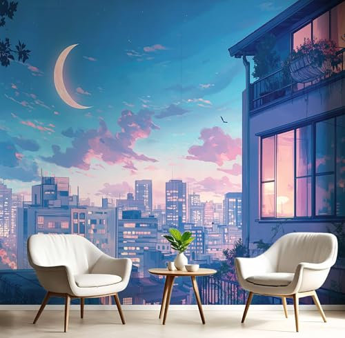 Fototapete 3D Effekt Tapete, Sternenhimmel Mond Cartoon-Stadt Tapeten Seidetapete Wandbilder, Schlafzimmer Wanddeko Wohnzimmer 350×256 CM (W×H) Tapete Wanddeko Wandbilder
