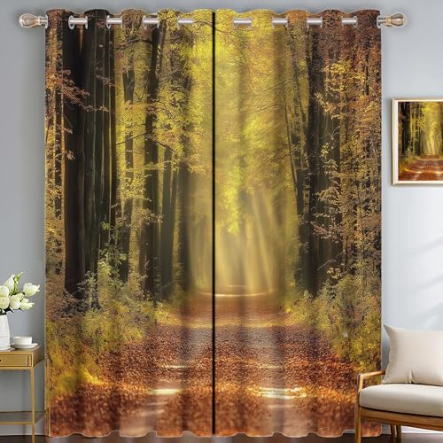 SMBHIAON Gardinen Kinderzimmer Schlafzimmer H240 × B140 cm (2er Pack) Goldene Blätter Polyester Vorhänge 3D Herbstwald Muster Blickdicht Ösenvorhang 2Er Set