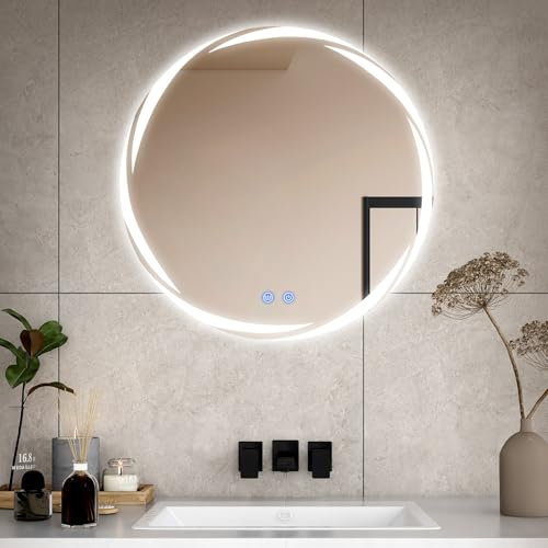 CROWNSHOP Bathroom Mirror with LED Lights, 60cm Round Whirlwind Illuminated Wall Vanity Mirror With Touch Switch, 3 Colors Dimmable Light, Anti-Fog, Smart Frameless Mirror, IP54