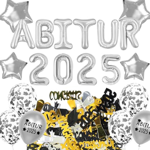 ABI 2025 Deko Set, Abitur 2025 Deko Silber Folienballons, ABI Konfetti Tischdeko, Prüfung Bestanden Luftballon, Graduation Deko Konfetti Luftballon, für Abitur Abschlussfeier Schulabschluss Dekoration