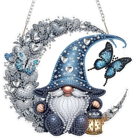 EOBROMD Zwerg Diamond Painting Fensterbilder, 5D Mond Diamond Painting Anhänger Deko mit Kette, Schmetterling Diamant Malerei für Wand Und Eingang Dekoration