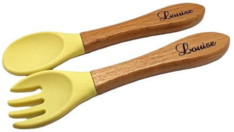 Ensemble couverts - cuillère et fourchette pour enfant - bois silicone - personnalisé (plusieurs coloris disponibles) (Jaune)