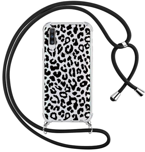 ZhuoFan Handyband Handyhülle für Samsung A50/A30S/A50s Hülle 6,4 mit Band, Transparent Aesthetic Leopard Muster Cover mit Kordel zum umhängen Necklace Schwarz Case Silikon PC Schutzhülle, 03