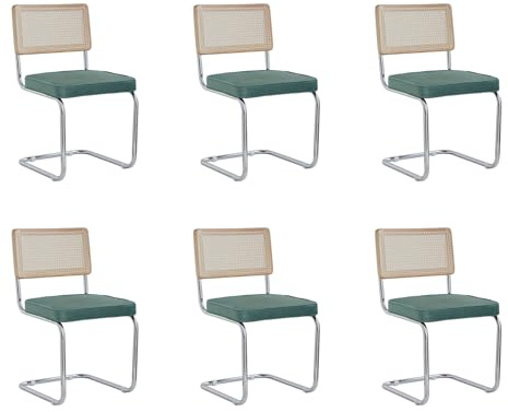 GrandCA HOME Modernes 6er-Set Esszimmerstühlen mit Rückenlehne aus Natürlichem Rohrgeflecht und Gestell aus Rostfreiem Chrom, Gepolsterte Küchenstühle aus Rattan,Grün