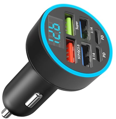 66w Auto Ladegerät Zigarettenanzünder USB C mit 6 Anschlüssen [2PD 30 w+2USBA 3.1A+1Super+1SCP/QC3.0], Auto USB Adapter mit LED Voltmeter, Kompatibel mit Android, Galaxy Phone Geräte