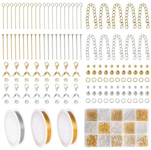 1260St Perlen Set mit 3 Rolls Schmuckdraht (Silber & 2 Gold) | 54m Gesamtlänge à 18m/0,5mm, DIY Schmuck Basteln Beads & Zubehör Making Kit für Armbänder Ketten