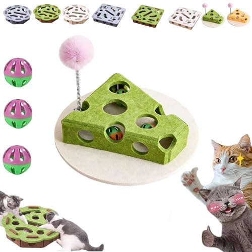 3 in 1 Nail File Enrichment Box with Bell Ball & Sandpaper Inside, 2026 New Felt Maze Cat Toys, Cats Puzzle Enrichment Box with Scratcher, Cat Toys Interactive for Indoor Cats (Green, Cheese)