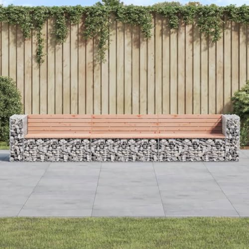 HEFZGDB Gartenbank aus Gabionen 347x71x65,5 cm Massivholz Douglasie mit verzinktem Stahlkorb für Steine und Kies, 2 Eckbänke und 1 Mittelbank, robuste Douglasie Sitzfläche,