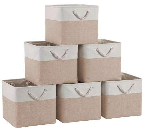 ICEMOR 33×38×33cm Foldable Storage Cubes,6-Pack Cube Storage Bins with Handles,Compatible with Kallax Shelving,Fabric Storage Boxes for Home,Office,Closet,Clothes & Toy Organization (White & Beige)