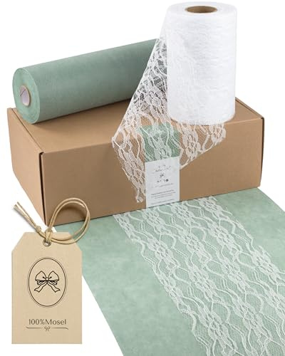 100%Mosel Tischläufer Set Eukalyptusgrün und Weiß, 2 Rollen | Vlies Tischläufer (30 cm x 25 m) und Spitzenband (15 cm x 25 m) – Tischband für Hochzeit, Taufe und Kommunion