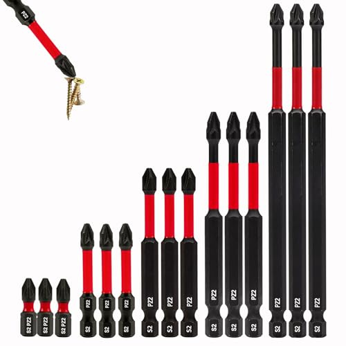 15 Pack PZ2 Magnetic Impact Driver Bits, Pozidriv Bits #2 Screwdriver Drill Bit Set, Impact Resistant Non Slip Bit, S2 Alloy Steel Black Phosphate, 1/4'' Hex Shank, 25 50 75 100 150mm