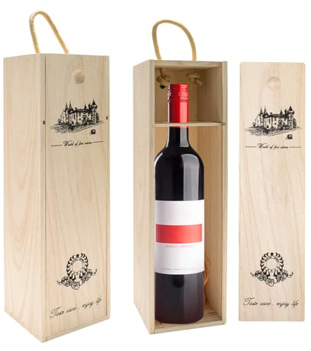 KeaJuidy 2 cajas de vino caja de regalo de madera para botellas de vino individuales, caja de madera con tapa deslizante, caja de almacenamiento con asa de cuerda para regalos, bodas, inauguración de