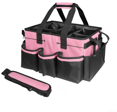 HaloModora Grand sac à outils de nettoyage avec fond renforcé, panier de rangement multi-poches avec sangle réglable pour fournitures de maison et de jardin (rose)