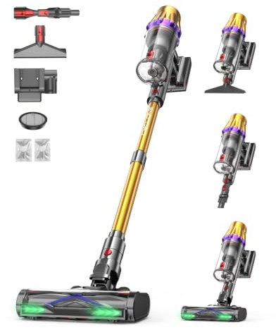 aonus Akku Staubsauger 60000Pa 650W 80Min Staubsauger Kabellos, Golden | 8x3000mAh Akkusauger Selbststehend mit Anti-Tangle-Bürste für Tierhaare Hartböden Auto