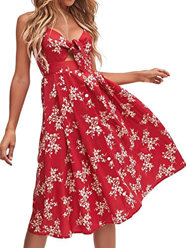 Fancyinn Robe Femmes sans Manches Boutonnee Floral Imprime Spaghetti Strap Button Down Robe Midi, Imprimé Floral Rouge, M(38-40)