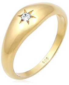 Elli Ring Damen Siegelring Stern mit Kristalle in 925 Sterling Silber vergoldet
