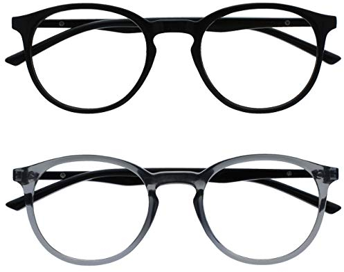 OPULIZE Met Lesebrille 2er Pack Schlank Runder Rahmen Federscharniere Kratzfest Schwarz Transparent Grau Herren Damen RR60-17 +1.50