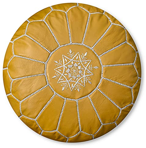 Premium Echt Leder Pouf - Handgefertigt - Gefüllt geliefert - Ottoman, Sitzsack, Fußhocker, Polsterhocker, Puff (Gelb)