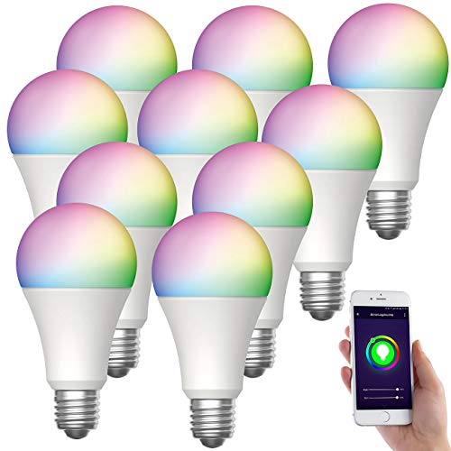 Luminea Home Control WLAN-LED-Lampe E27 RGBW: 10er-Set WLAN-LED-Lampen, E27, RGB-CCT, 9W (ersetzt 75W), F, 80lm, App (WLAN Leuchtmittel, WLAN-Birne)