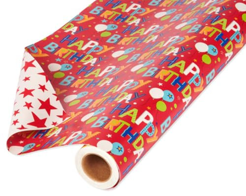 American Greetings Wendbares Geschenkpapier, Happy Birthday-Schriftzug und Sterne, 1 Jumbo-Rolle, 175 m²