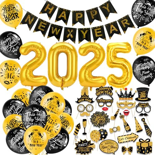 HOWAF Silvester Deko 2025, Happy New Year Girlande Silvester Luftballons 2025 Deko Silvester Party Accessoire Silvester Foto Requisiten für Neujah Dekoration Silvesterdeko Happy New Year Deko 2025