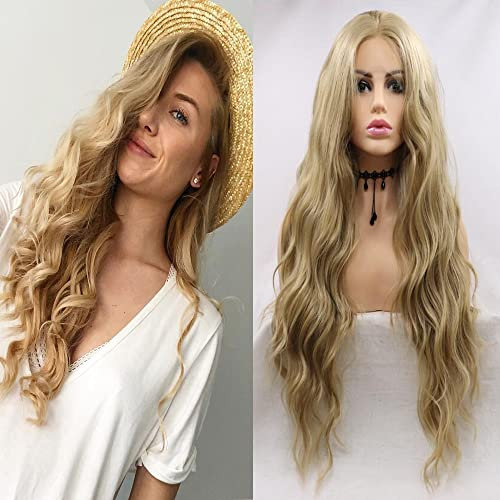 Xiweiya Langhaar-Perücke, gewellt, mit Spitze vorne, Mittelteil, Blond, lockig, für Damen, natürlich aussehend, Aschblond, ohne Klebstoff, für den täglichen Gebrauch…