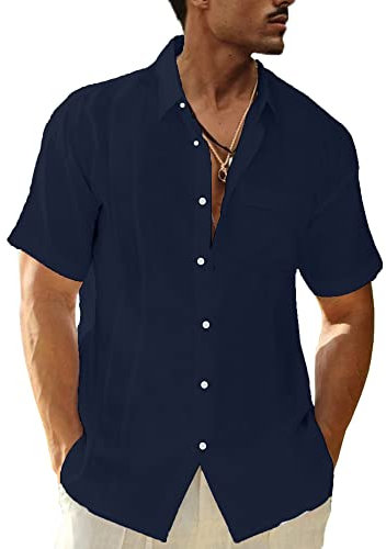 LVCBL Linen Shirts Men Shirt Lapel Short Sleeve Regular Fit with Pocket Navy XL