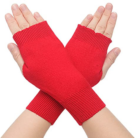 ZLYC Winter Wolle Halbfinger Handschuhe Stricken Fingerlose Armwärmer (Schlichtes Rot)