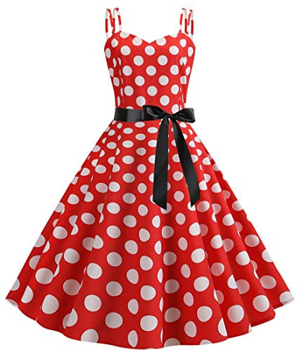 Rockabilly Kleider Damen 50er Jahre Vintage Retro 50s Petticoat Kleid Sommer Spaghettiträger Polka Dot Swing Pettycoatkleider Faltenrock Festlich Partykleid Coctailkleid Ballkleid Abendkleid Rot M