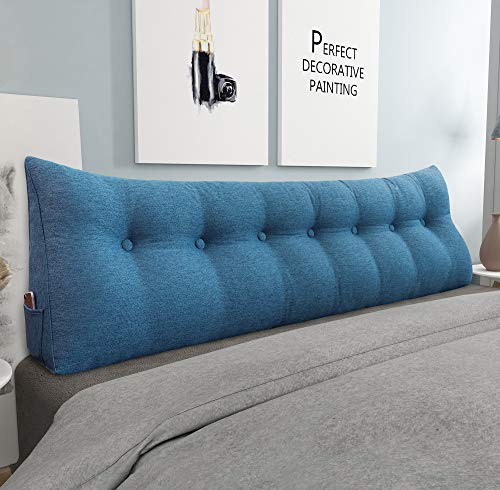 VERCART Rückenkissen Bett Rückenlehne Keilkissen Kopfteil Gepolstert Lesekissen Wandkissen Lendenkissen für Couch, Groß Sofakissen Kopfkissen, Stützkissen, Nackenkissen Leinen Bezug Blau 200cm