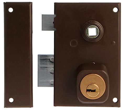 Amig - Serrure de suralimentation gauche avec levier de fermeture, languette et carré pour portes en bois Mod. 75N | 72 x 112 mm | Cylindre Rond de Sécurité | Acier Marron