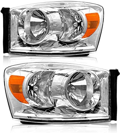 AXLAHA 2006–2008 Dodge Ram Scheinwerfer Montage für Dodge Ram 2006 2007 2008 Dodge Ram 1500/2006 2007 2008 2009 Dodge Ram 2500 3500 Chromgehäuse, bernsteinfarbener Reflektor, Ersatz für Fahrer- und