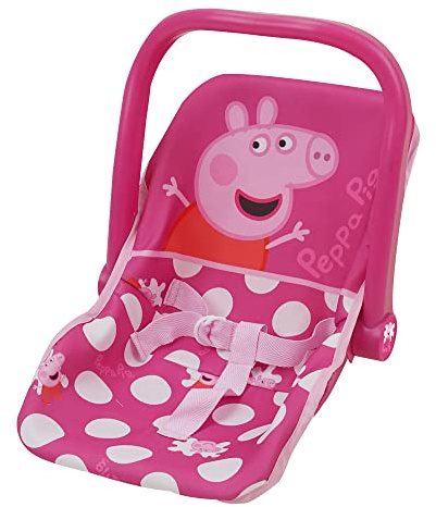 Peppa Pig: Baby Doll Car Seat - Pink & White Dots - Fits Dolls Up to 18 Convertible Into A Feeding Chair, Plastic Shell W/Fabric, Harness Belt, Pretend Play for Kids Ages 3+