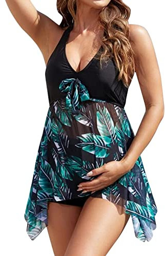 Tankini Maillots de Bain Maternité Shorty Taille Haute Maillot de Bain Enceinte Imprimé Floral Tropical col en V été Ensemble Maillots de Bain Deux Pièces Grande Taille Chic Plage Natation