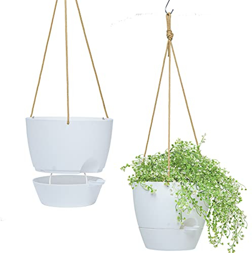 SwinDuck Macetas Colgantes de autorriego de 10 Pulgadas, Paquete de 2 macetas Colgantes con Reserva Profunda de 40 onzas para Plantas de Interior y Exterior, Flores, Color Blanco