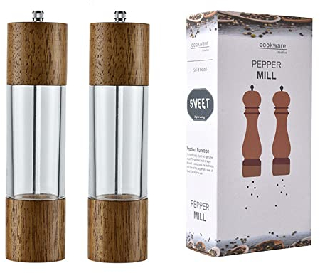 Salz- und Pfeffermühle, Kristall, Acryl- und Holz, mit Tablett, Kombi-Set, Holz- und Acrylmühlen, verstellbare Grobheit, Keramikkernmühle (ohne Tablett, 15,2 cm)