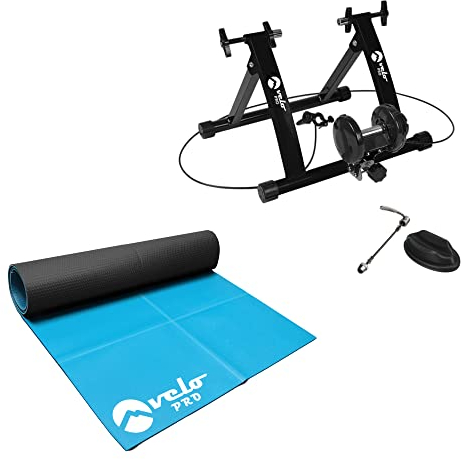 Velo Pro Turbo-Trainer und Trainingsmatte Bundle, Variabler Widerstand, magnetischer Indoor-Fahrradtrainer für Straßen- und Mountainbikes, stationärer Heimtrainer-Ständer, 66-71,1 cm Räder, Schwarz