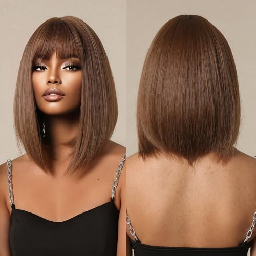 testar Chocolate Brown Bob Wigs with Bangs Short Straight Bob Wigs for Women Heat Resistant Fiber Synthetic Hair Wigs for Daily Party Use Hair Replacement Natural Looking