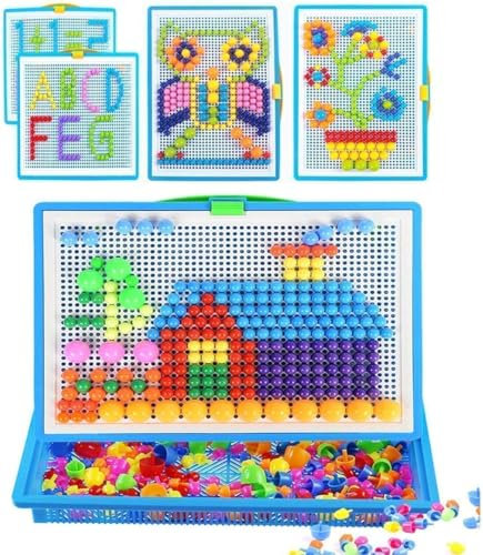 295 PCS*2 Mushroom Nails Jigsaw Puzzle Board Mosaic Toys Pegboard Educational Intelligence Building Blocks Puzzle Toys Assorted Colour Creative DIY Christmas Birthday Gift for Kids 3-7 Years Old